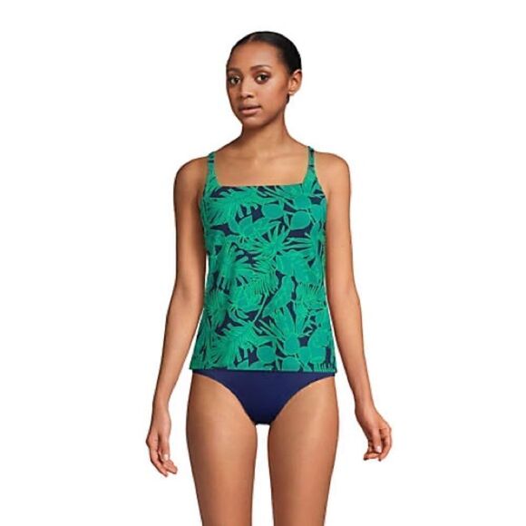Land’s End square neck tankini top X Back top emerald green navy palm print Var - Picture 4 of 5